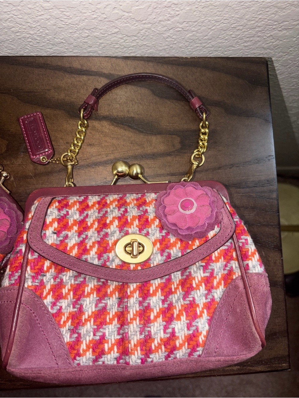 Coach Vintage Houndstooth Wool Kisslock Suede Handbag